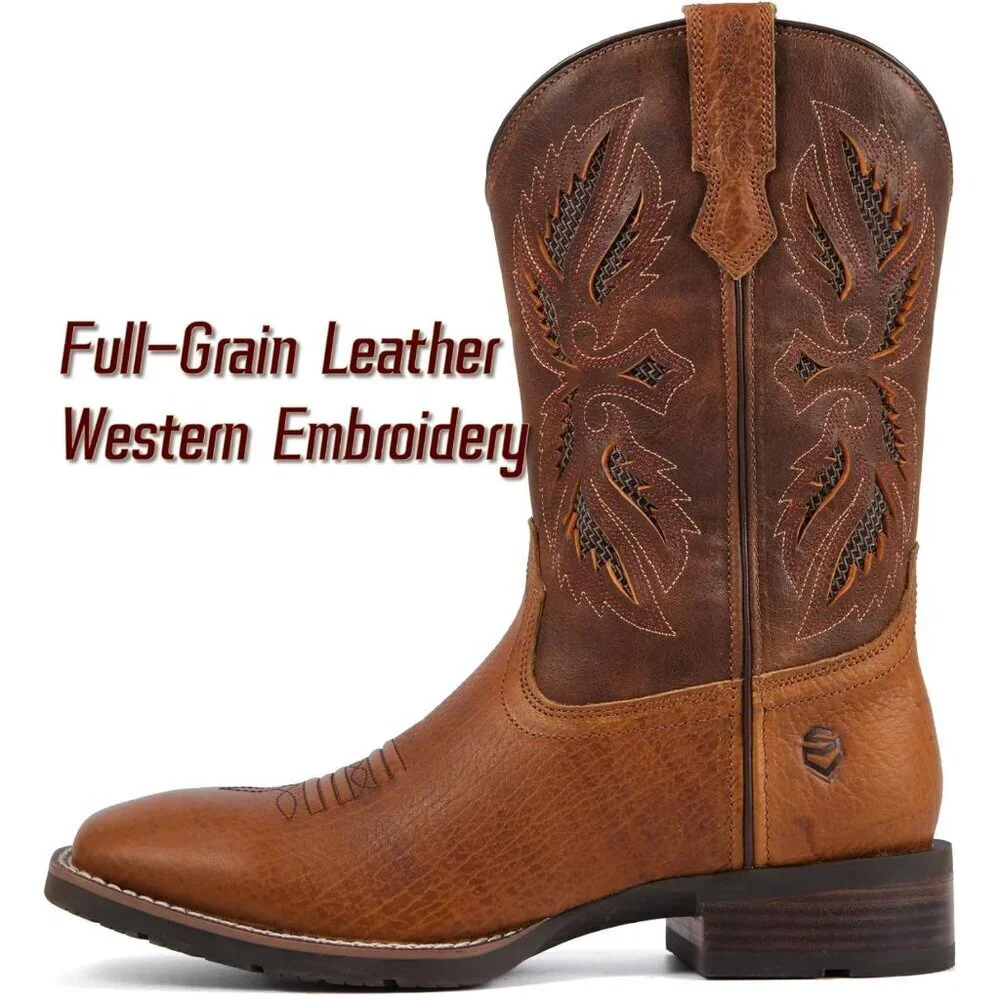 Men’s Earth Square Toe Leather Boots Durable 10-inch Pull-on Wellington Boots